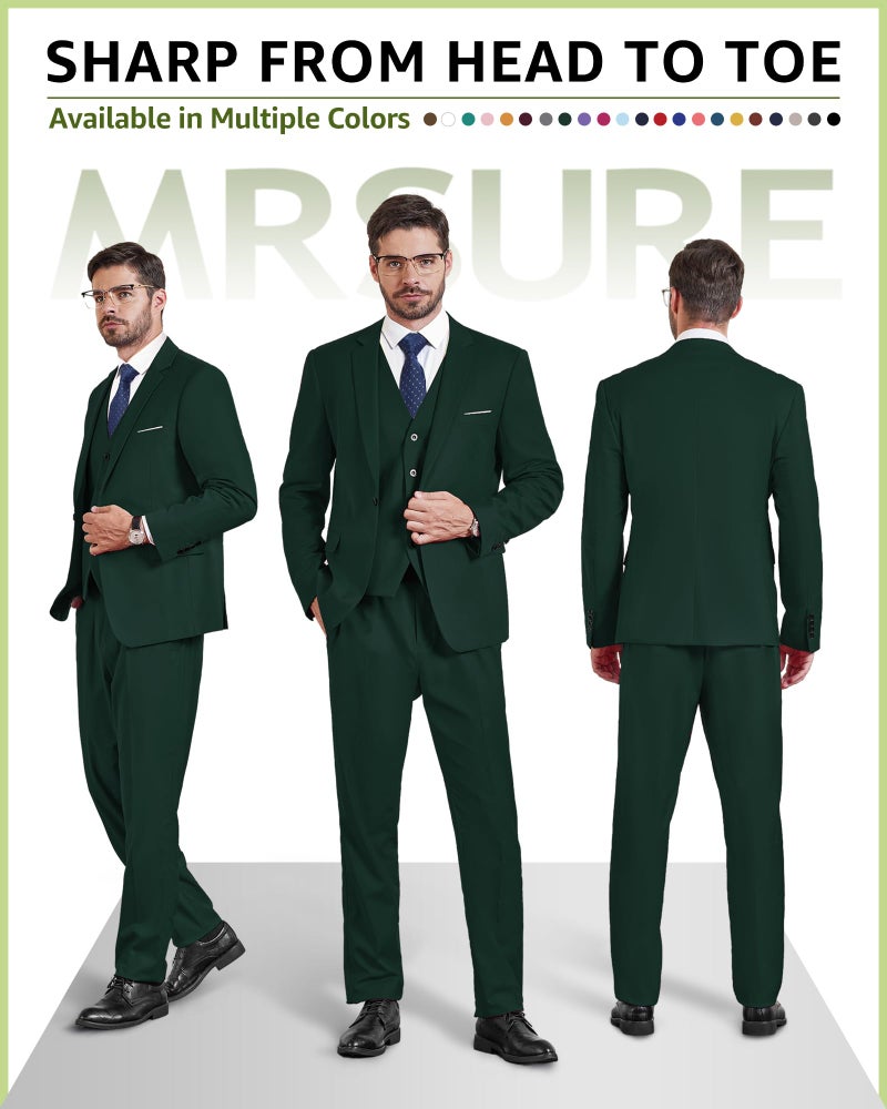 MrSure Men's 3 Piece Suit Blazer, Slim Fit Tux with One Button, Jacket Vest Pants & Tie Set for Party, Wedding and Business Deep Green - Image 2